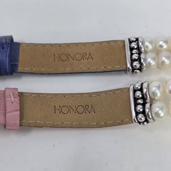 HONORA Set 2 Gen Leather Pearl Sterling Silver 925 Double Row Bracelet Pink Blue - Picture 4 of 11
